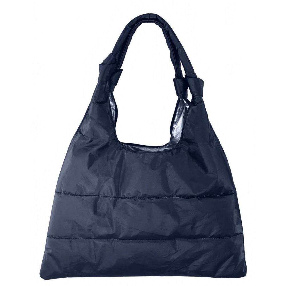 NEW HI LOVE TRAVEL women's love me knot puffer tote in shimmer navy